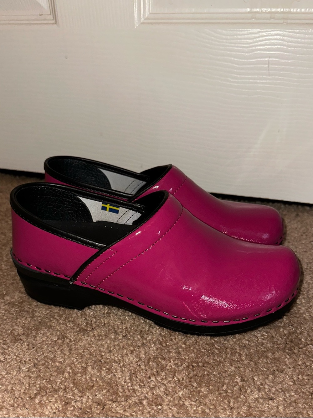 Bjork Pink Patent Swedish-Flag Clog Mules